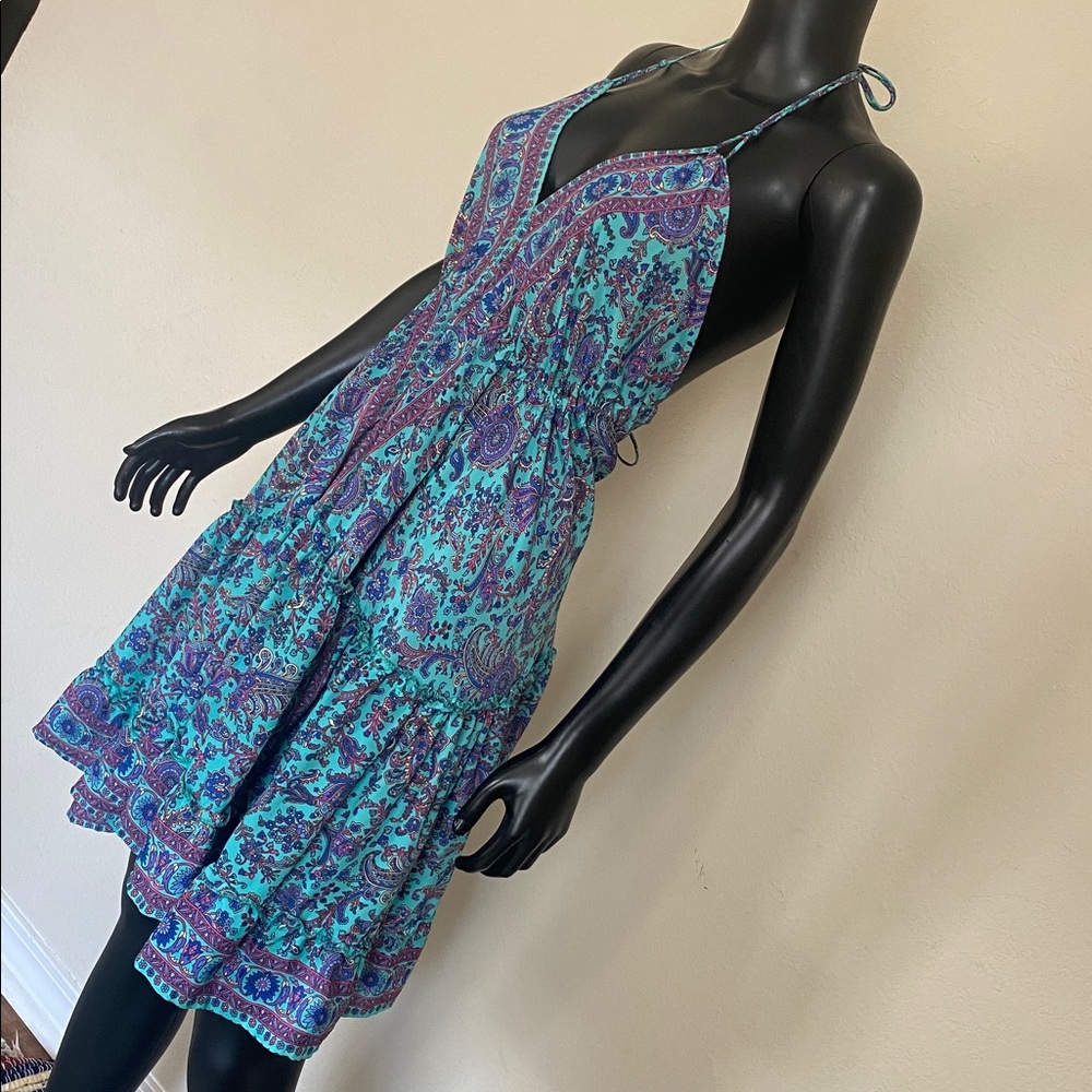 Sleeveless Teal Purple & Pink Silk Floral V-Neck Adjustable Size S M L Dress - Picture 5 of 15